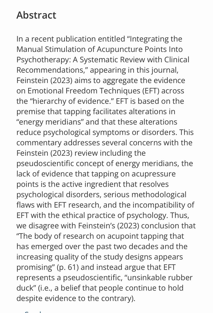 Tapping is derived from the pseudoscientific energy medicine therapies of thought field therapy and emotional freedom techniques. It’s based on the idea that tapping at meridians along the energy field is helpful. It’s nonsense. psyarxiv.com/jbrgu by @Cassie_Boness et al