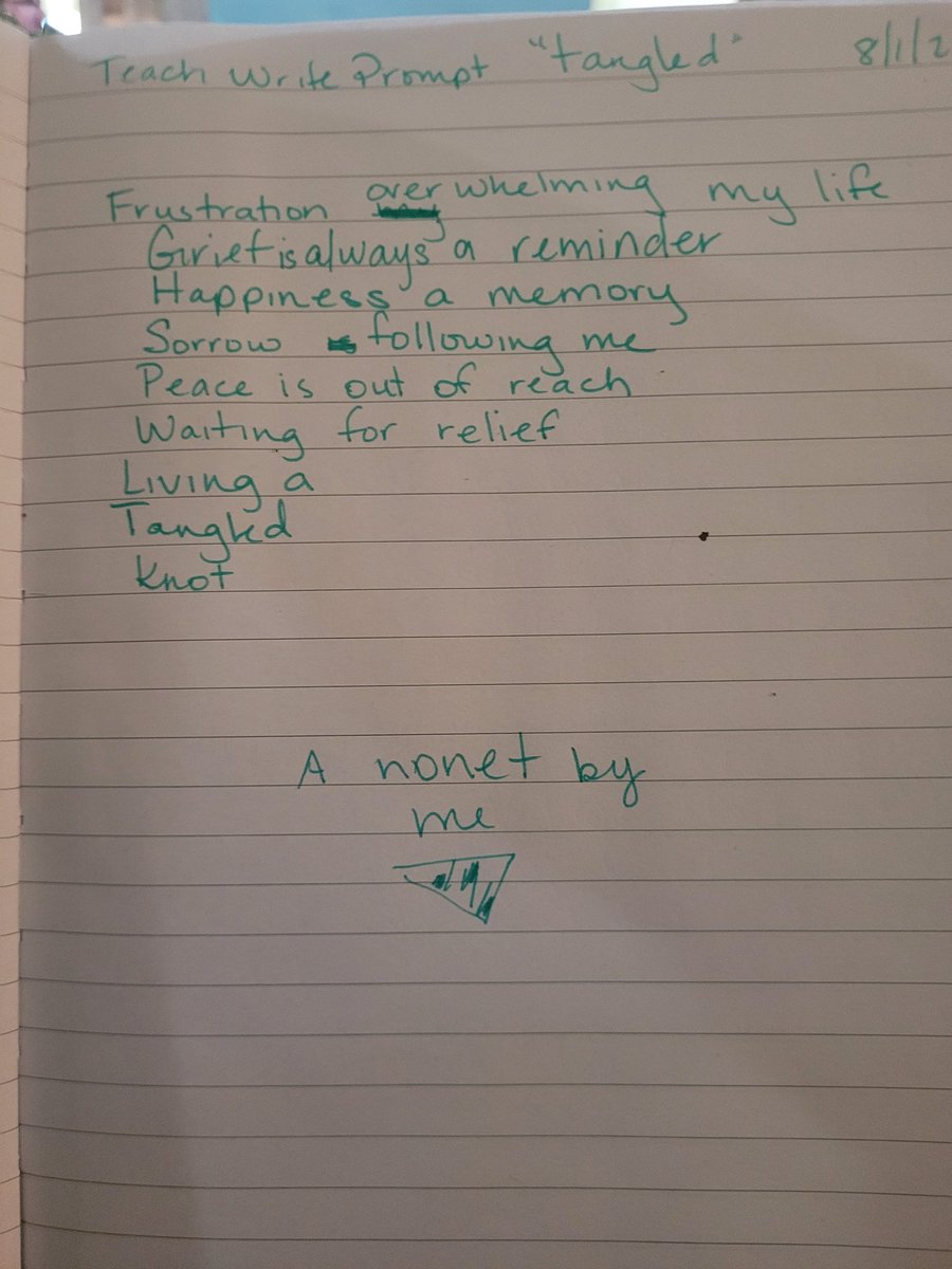 nksperry's tweet image. Prompt for Teach Write&apos;s Aug prompt.  Today the prompt is &quot;tangled&quot;. I&apos;m working on a blog to put the writing in doing. 
Writing is helping me work through my emotions. 
#teachwriteacademy #teachwrite #timetowrite #writingprompts #notebook #grief #depression #poetry #journaling