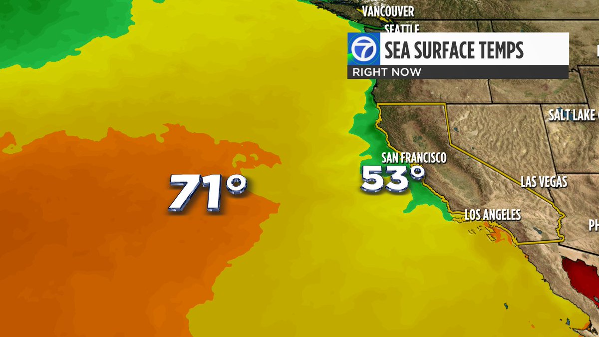 Our ocean temp is a chilly 53° along the San Francisco coast but things are likely about to change. Just 350 miles away is warm water in excess of 70° (due to El Nino) and it is moving in our direction. Over the next month I would expect to see our local waters start to warm.