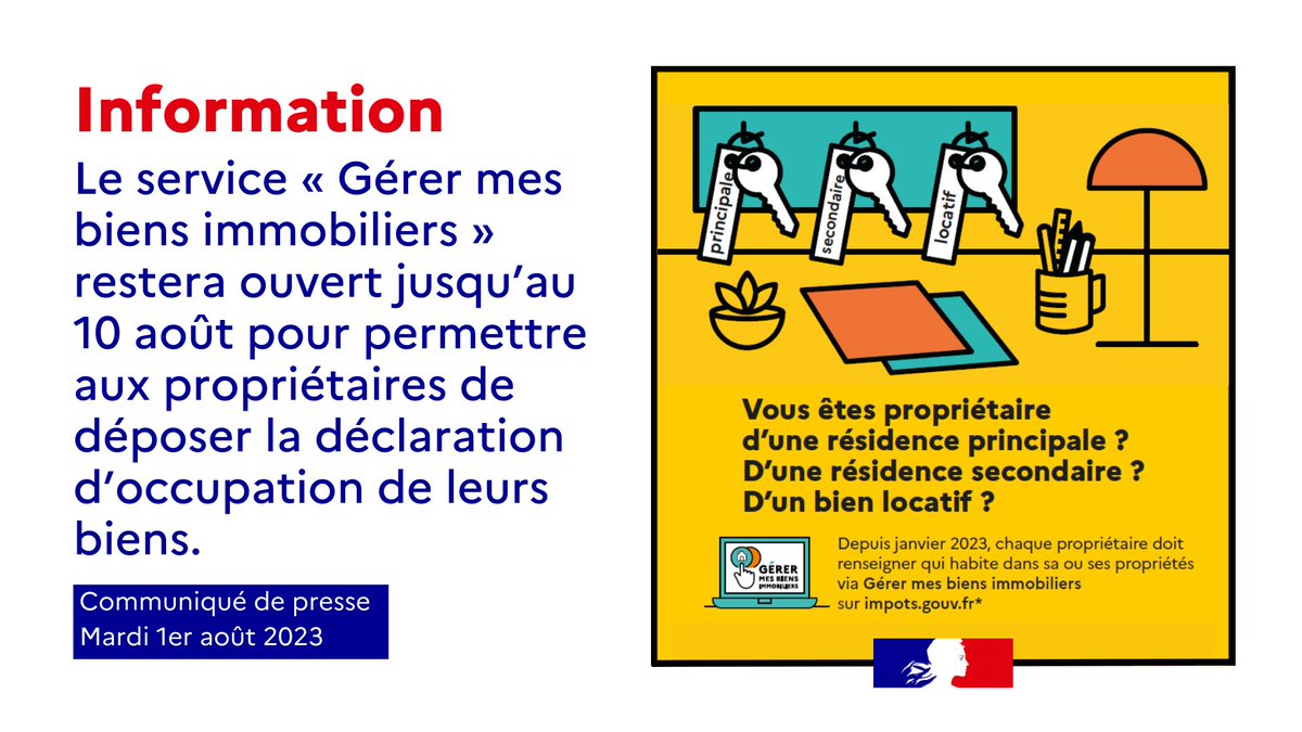 📢 #Information | Vous êtes propriétaire d’un logement ? 📅 Le service « Gérer mes biens immobiliers » reste ouvert jusqu'au 10/08 pour effectuer votre déclaration d’occupation. ➕ d'infos 👉 impots.gouv.fr/actualite/gere…