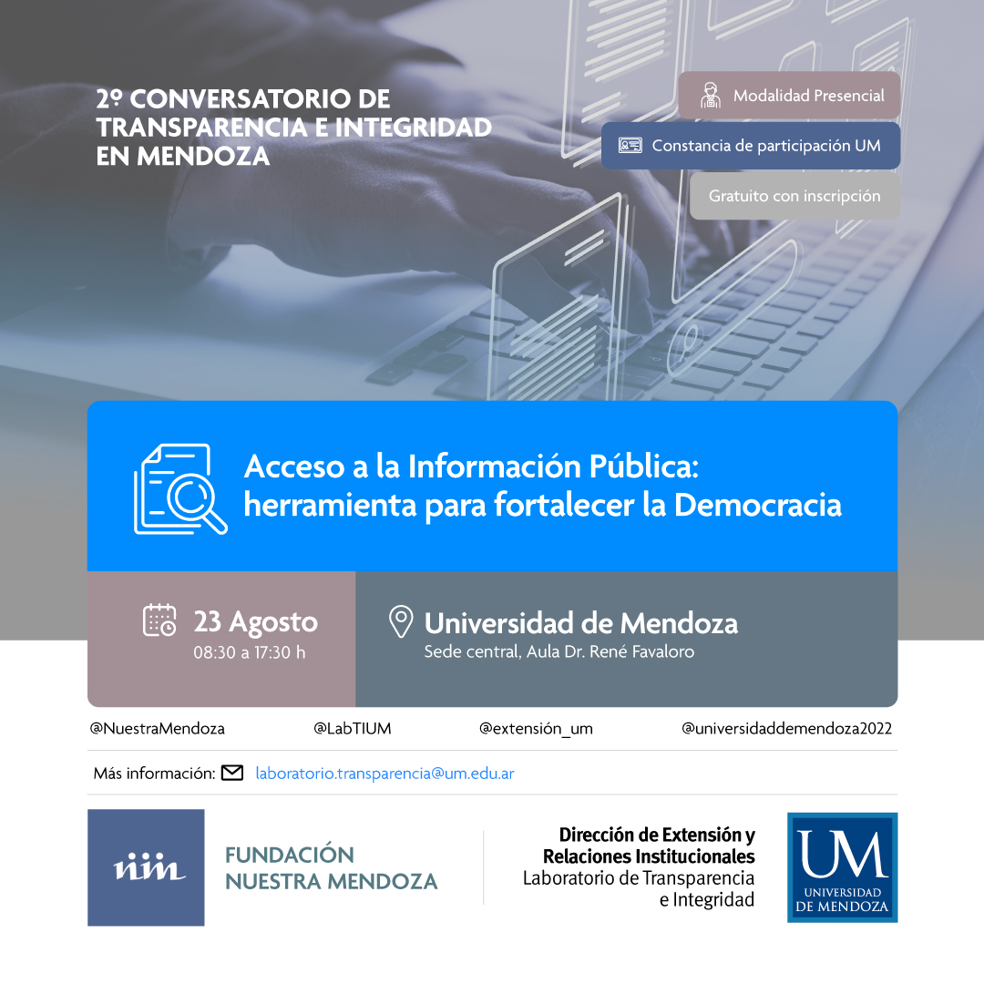 Te invitamos al 2º Conversatorio de Transparencia e Integridad en Mendoza, junto a referentes trabajaremos sobre la temática "Acceso a la Información Pública: herramienta para fortalecer la Democracia".
👉Inscrip: bit.ly/2°ConversatorioTranspMza-Insc
#AIPenMendoza