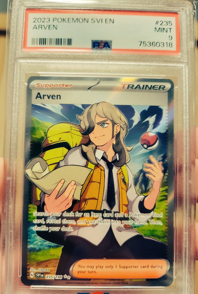 Haven't done my own giveaway in quite a while, so I'll be doing one today! Giving away this PSA 9 Arven Full Art! Just be following and RT this tweet to enter! Choosing a winner on 8/8! Good luck 💎