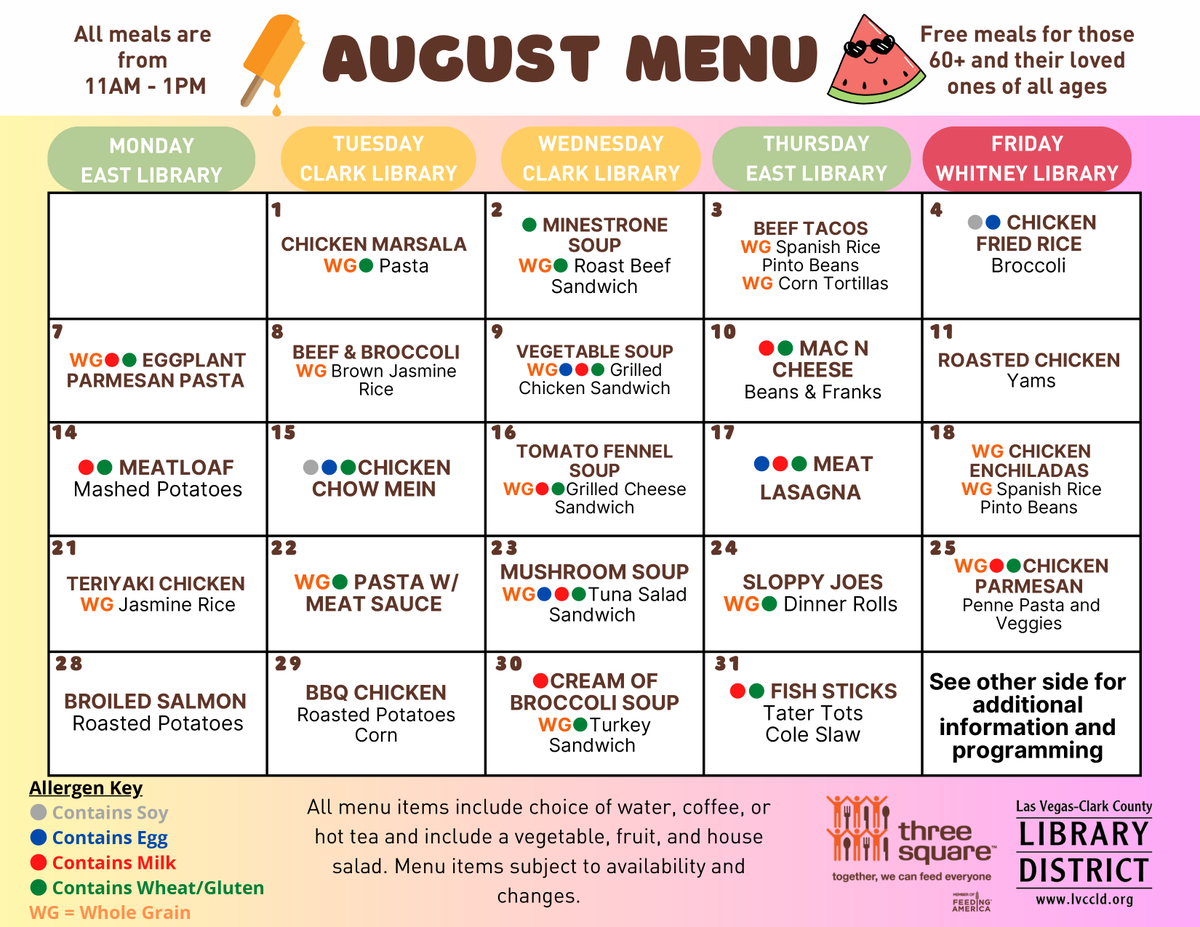 threesquareLV's tweet photo. New month, new menus! We’ve teamed up with @LVCCLD to serve free meals to seniors 60+ and their loved ones at Clark County Library, East Las Vegas Library, and Whitney Library. Guests can also receive free resources and take part in games and activities. https://t.co/WO9PDWIxPH