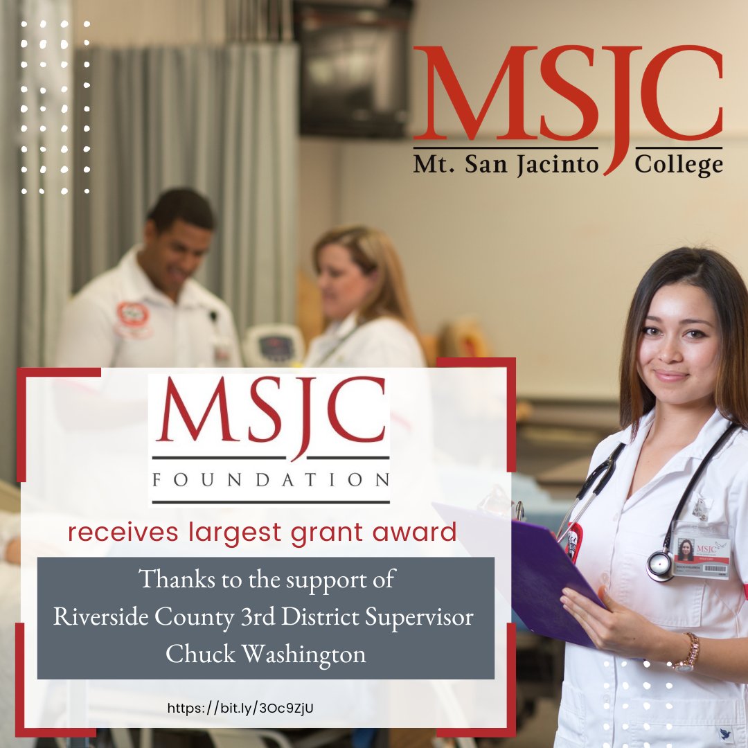 MSJCedu's tweet photo. #MSJCFoundation receives largest grant in its history! The $2.5M allocation, from Riverside County 3rd District @SupWashington American Rescue Plan Act funds, will support #MSJCCareerEd programs.
Read more: https://t.co/RdCAYUWHox

#FoundationLargestAward #CTESupport #ARPA https://t.co/a8dhvbp05p