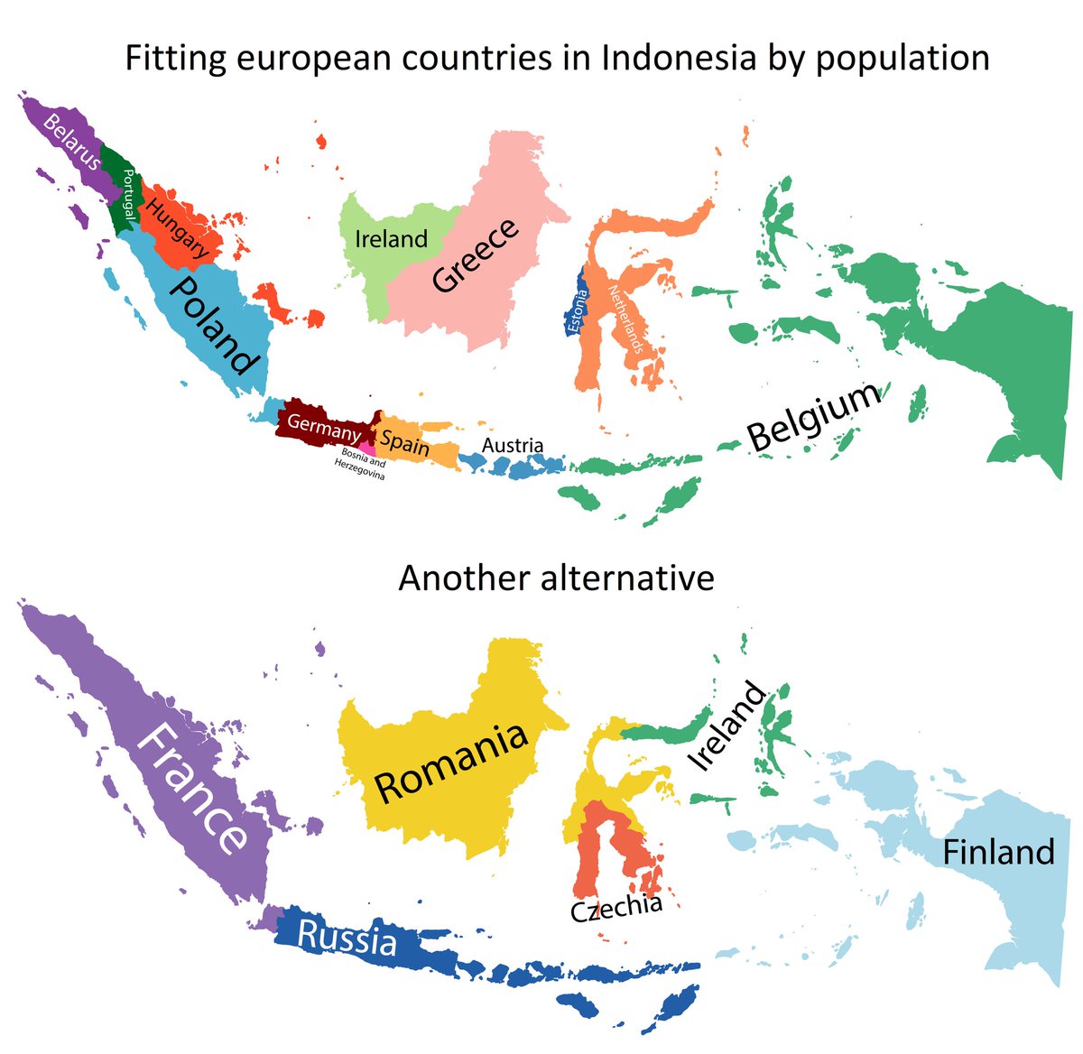 TerribleMaps's tweet photo. Fitting European countries into Indonesia by population https://t.co/zqOz0cEijx