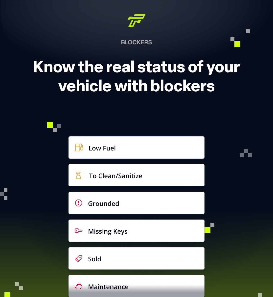 GoFleetlane's tweet photo. Have you tried using blockers? They're a simple yet effective way to keep everyone informed about vehicle statuses.

Try it today with our 30-day FREE trial!
https://t.co/r8CnSzsOPY

#fleetmanagement #teamcommunication #cardealership #connectedcar #blockers https://t.co/QtWMiciull