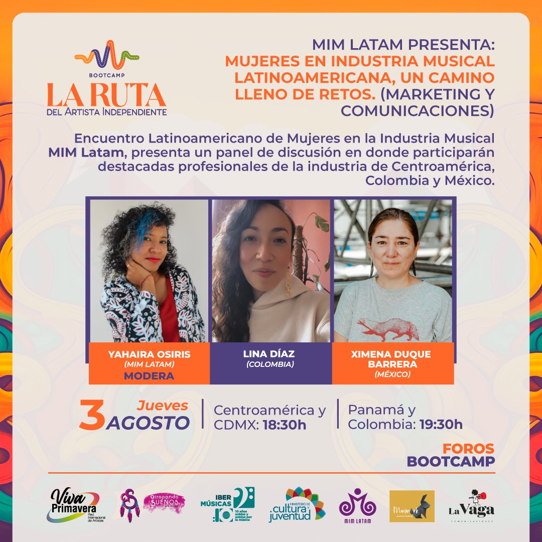 Estaremos en el BOOTCAMP La Ruta del Artista Independiente  
MIM LATAM Presenta: Mujeres en Industria Musical  Latinoamericana,un camino lleno de retos.  
🗓️Jueves 3 de agosto 
📍Facebook &amp; Youtube de Red Viva Primavera
Gracias a <a href="/Ibermusicas/">IBERMÚSICAS</a>