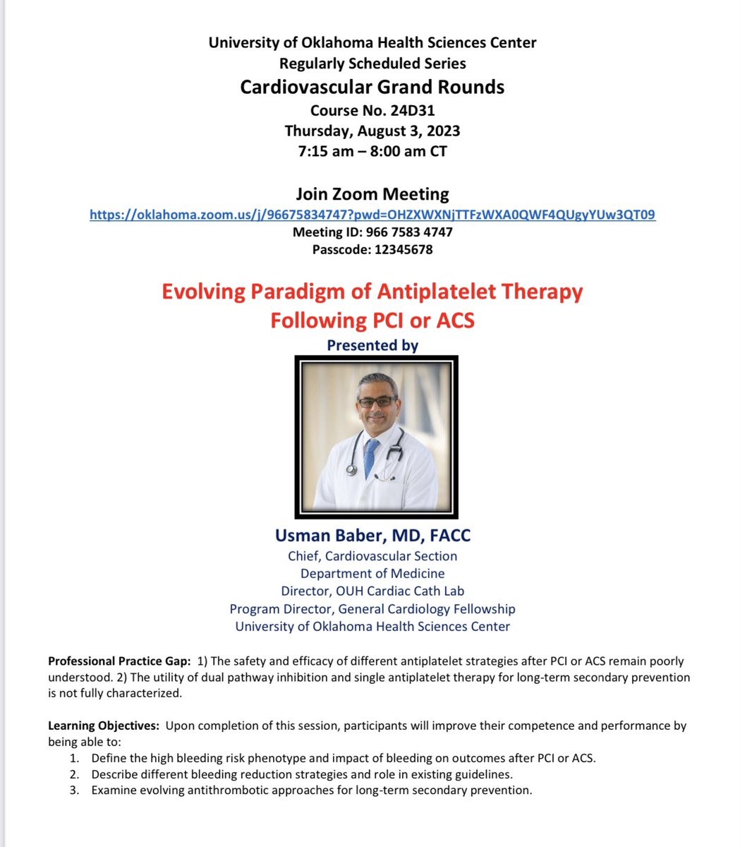 Chittur Sivaram (@casivaram1) on Twitter photo đź’“OU Virtual CV Grand Rounds are back!!
đź’“ Our speaker on 8/3/23 is our new section chief, Dr. Usman Baber
💓 Join us for the expert’s update on antiplatelet Rx post PCI for ACS
<a href="/OUHealth/">OU Health</a>
<a href="/ubcardio/">Usman Baber</a>
<a href="/SVRaoMD/">Sunil V. Rao</a>
<a href="/SrihariNaiduMD/">Srihari S. Naidu, MD</a>
<a href="/dramitkhera/">Amit Khera</a>
<a href="/Drroxmehran/">Dr Roxana Mehran</a>
<a href="/HeartOTXHeartMD/">John P Erwin III MD MBA MACC (#BigPoppy )</a> đź’“OU Virtual CV Grand Rounds are back!!
đź’“ Our speaker on 8/3/23 is our new section chief, Dr. Usman Baber
💓 Join us for the expert’s update on antiplatelet Rx post PCI for ACS
<a href="/OUHealth/">OU Health</a>
<a href="/ubcardio/">Usman Baber</a>
<a href="/SVRaoMD/">Sunil V. Rao</a>
<a href="/SrihariNaiduMD/">Srihari S. Naidu, MD</a>
<a href="/dramitkhera/">Amit Khera</a>
<a href="/Drroxmehran/">Dr Roxana Mehran</a>
<a href="/HeartOTXHeartMD/">John P Erwin III MD MBA MACC (#BigPoppy )</a>