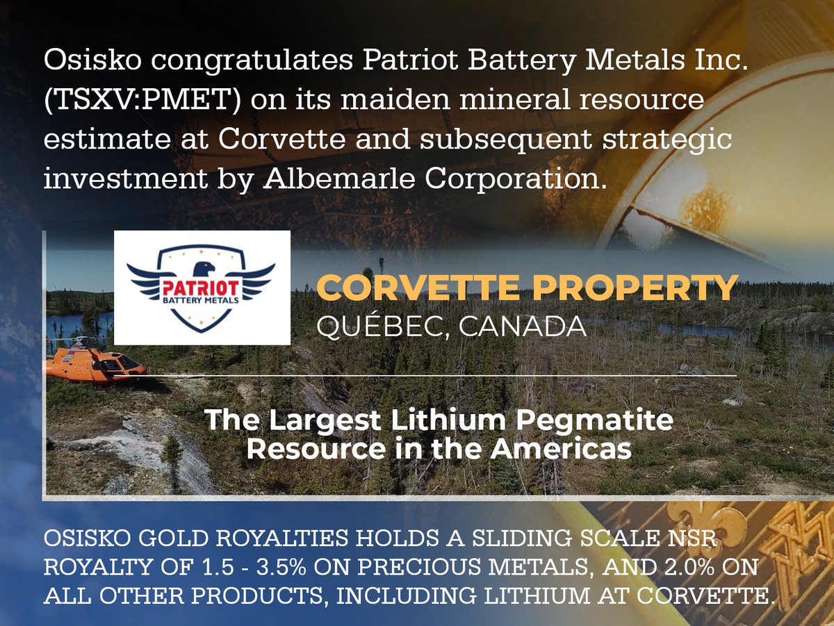 Congratulations to PMET on their maiden resource at Corvette and subsequent investment by Albemarle !

#osisko #osiskogoldroyalties #mining #miningnews #gold #goldinvest