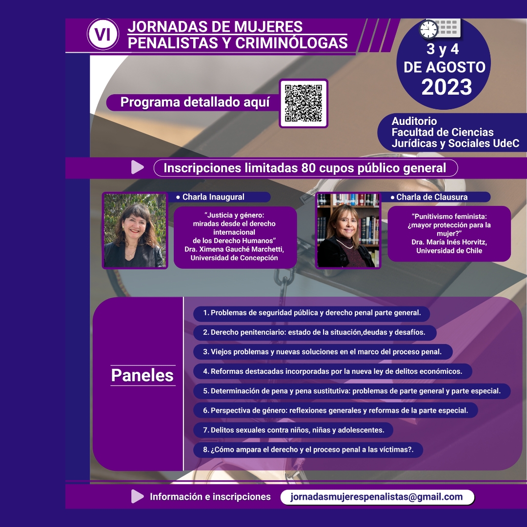 🔜<a href="/AngeTorrFiguer/">Angélica Torres Figueroa</a>, académica de nuestro Depto. de Derecho Penal y candidata a Doctora en Derecho por la <a href="/udp_cl/">UDP</a>, participará como expositora en las "VI Jornadas Nacionales de Mujeres Penalistas y Criminólogas"; instancia que se desarrollará en la UDEC los días 03 y 04 de agosto✔️