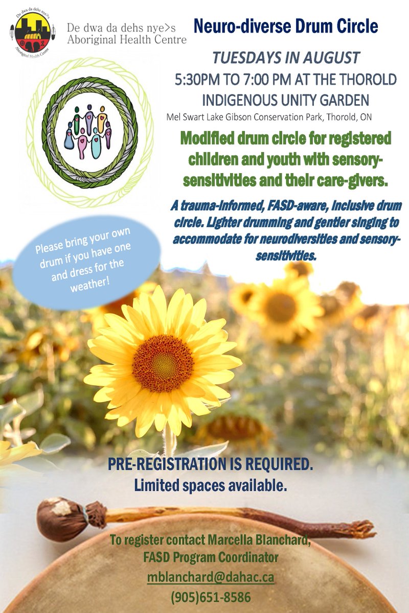 De dwa da dehs nye's (@_dahc_) on Twitter photo Neuro-diverse Drum Circle every Tuesday of August! Don't forget to register to secure your spot! Limited spaces are available.
Contact Marcella Blanchard to register at mblanchard@dahac.ca or call 905-651-8586 Neuro-diverse Drum Circle every Tuesday of August! Don't forget to register to secure your spot! Limited spaces are available.
Contact Marcella Blanchard to register at mblanchard@dahac.ca or call 905-651-8586