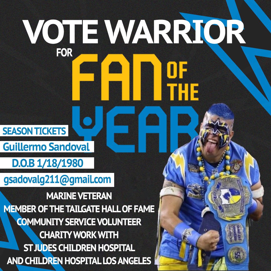 LosAngelesRayos's tweet photo. 🇺🇸 MARINE VETERAN
🍺TAILGATE HALL OF FAME
❤️CHARITY AND COMMUNITY SERVICE 
 
From SD to LA Warrior has been putting it down for years. Always has time for every charger fan. If you look up die hard charger fan in the dictionary there’s a pic of him!

https://t.co/97sgdFK3qs https://t.co/PCwIig931k