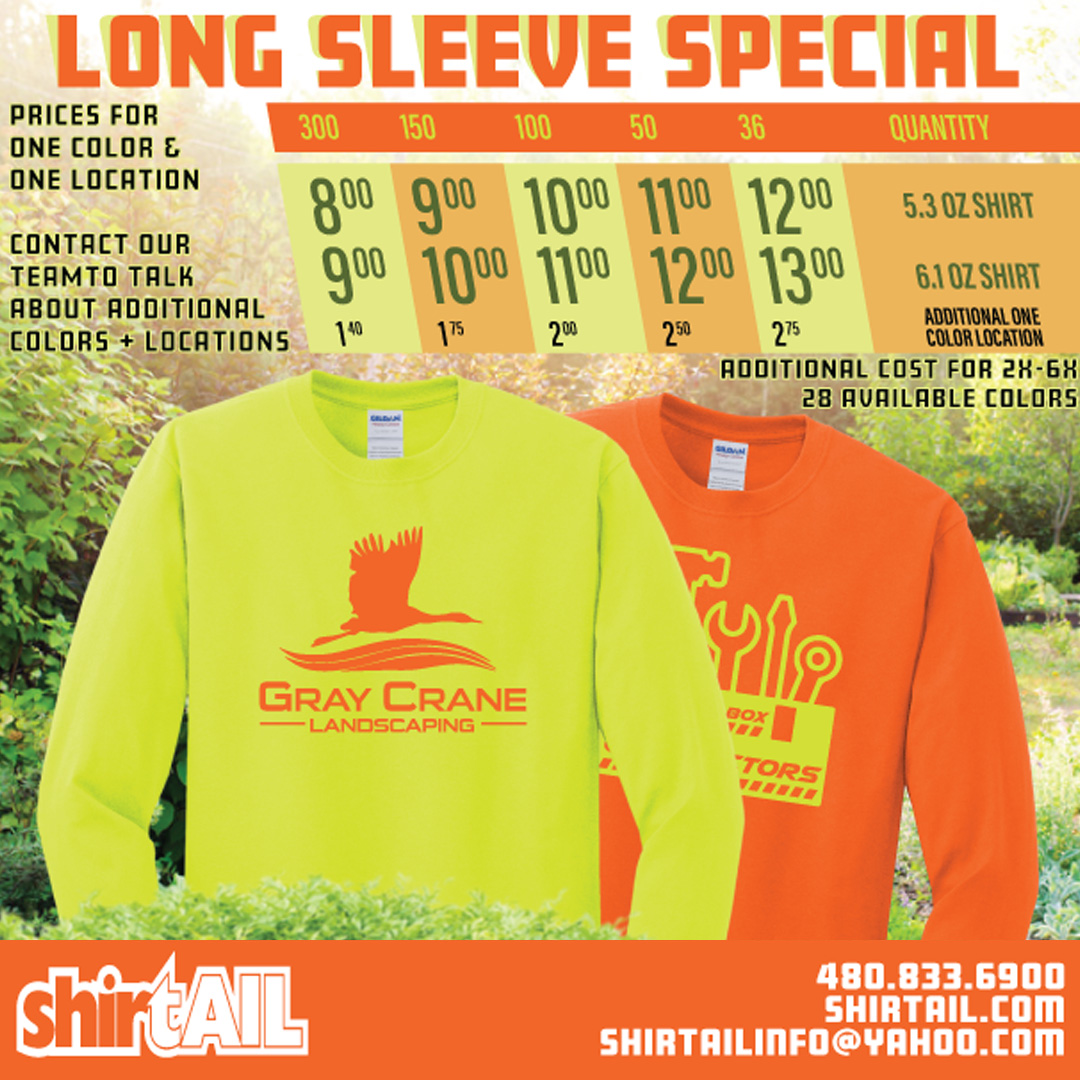 Looking for custom long sleeve shirts? 

Call: Toll Free: 877-447-8245
Email: shirtailinfo@yahoo.com
Facebook: @shirtail79
Twitter: <a href="/shirtailprint/">Shirtail Printing & Embroidery</a>
Instagram: @shirtailprinting

#CustomLongSleeveTshirts
#PersonalizedLongSleeve
#PrintedLongSleeves
#CustomApparel
#LongSleeveDesigns