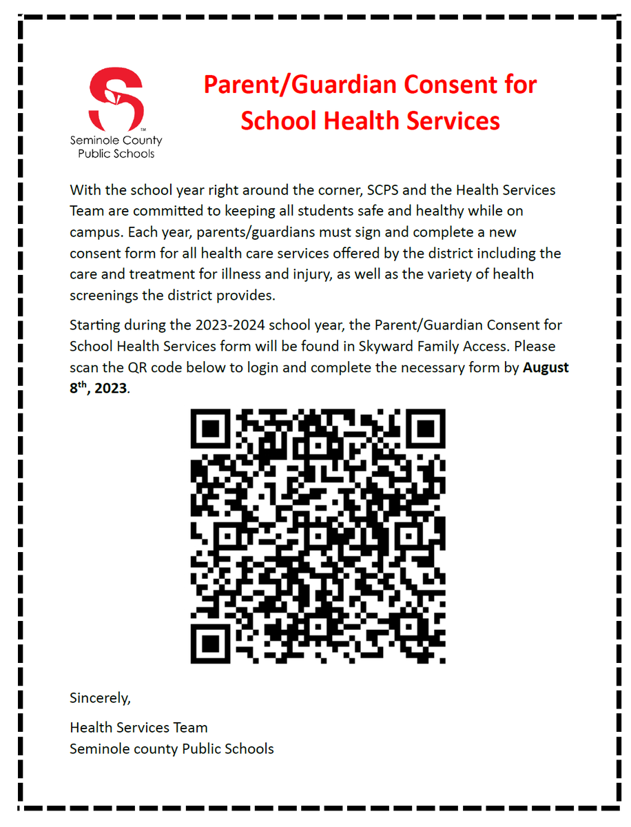 Attention SCPS families! Reminder that starting during the 2023-2024 school year, the Parent/Guardian Consent for School Health Services form will be found in Skyward Family Access. Please use the QR Code below to login and complete the necessary form by August 8th, 2023.