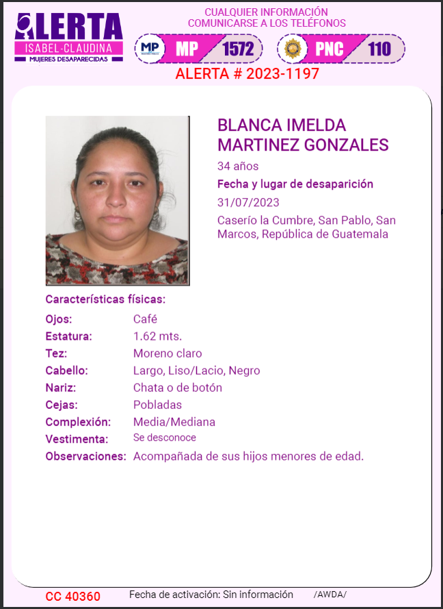 isabel_claudina's tweet photo. #AlertaIsabelClaudina
🚨 Ayúdenos a encontrar a
Blanca Imelda Martinez Gonzales
Desapareció el 31 de Julio de 2023
Cualquier información comunicarse al teléfono 📞 1572
Gracias por difundir esta información❗ https://t.co/Gt577OmczI