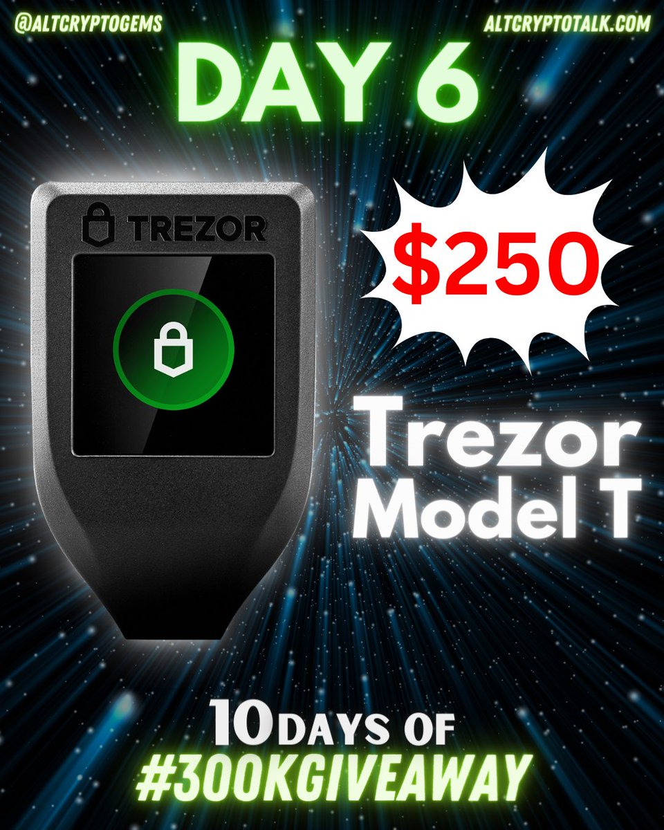 AltCryptoGems's tweet photo. Day 6 of the #300KGiveaway! 🎁

Giving away: ⭐️1 x Trezor Model T ⭐️worth $250!

Steps to join:
✔️Tag a friend, Retweet &amp; Like!
✔️Fill the Google Form (only once): https://t.co/ilxm3s7HtV
✔️Follow @AltCryptoGems
✔️Join Discord:
https://t.co/bbTCLmsKv0

Good luck! https://t.co/Y0okWr4zbx
