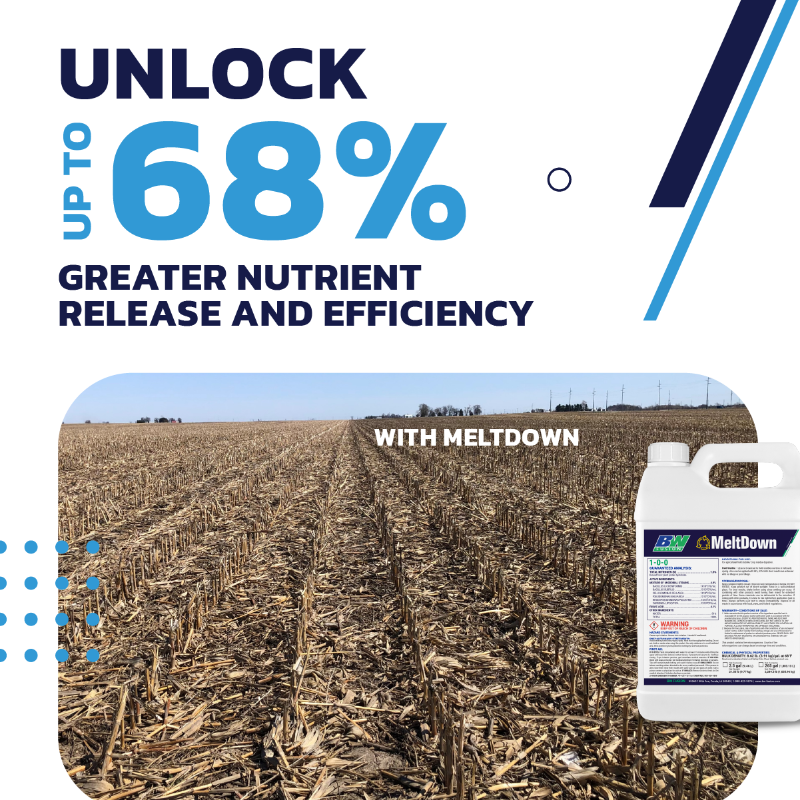 bw_fusion's tweet photo. Meltdown is the key to unlocking Phosphorus, Carbon, and profitability. Backed by 10 years of field research. When utilizing Meltdown, nutrient release and efficiency are up to 68% greater than traditional dry fertilizer.