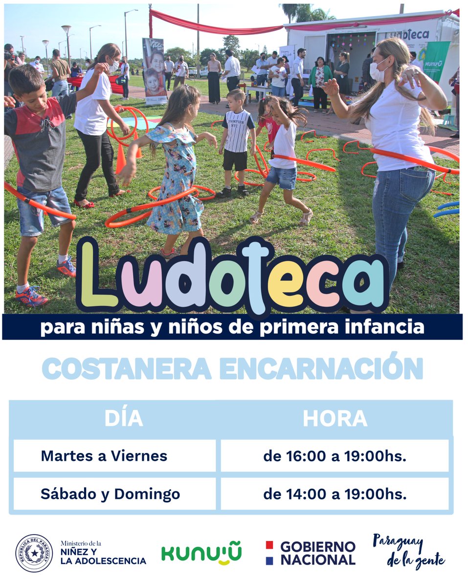 ⏰ Horario de atención en la LUDOTECA para niñas y niños de primera infancia en la Costanera de Encarnación.👶🏽👧🏽👦🏾