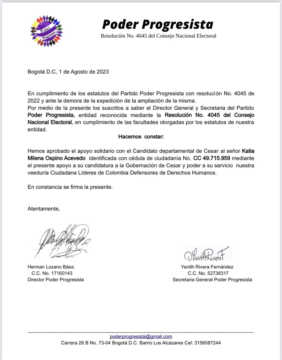 Con mucha felicidad recibimos el respaldo oficial de Poder Progresista a nuestro proyecto político. 

Aquí inicia la suma de muchas fuerzas para la construcción  colectiva d una nueva historia en el departamento del Cesar.  Gracias  eternas a Herman Lozano por creer q es posible