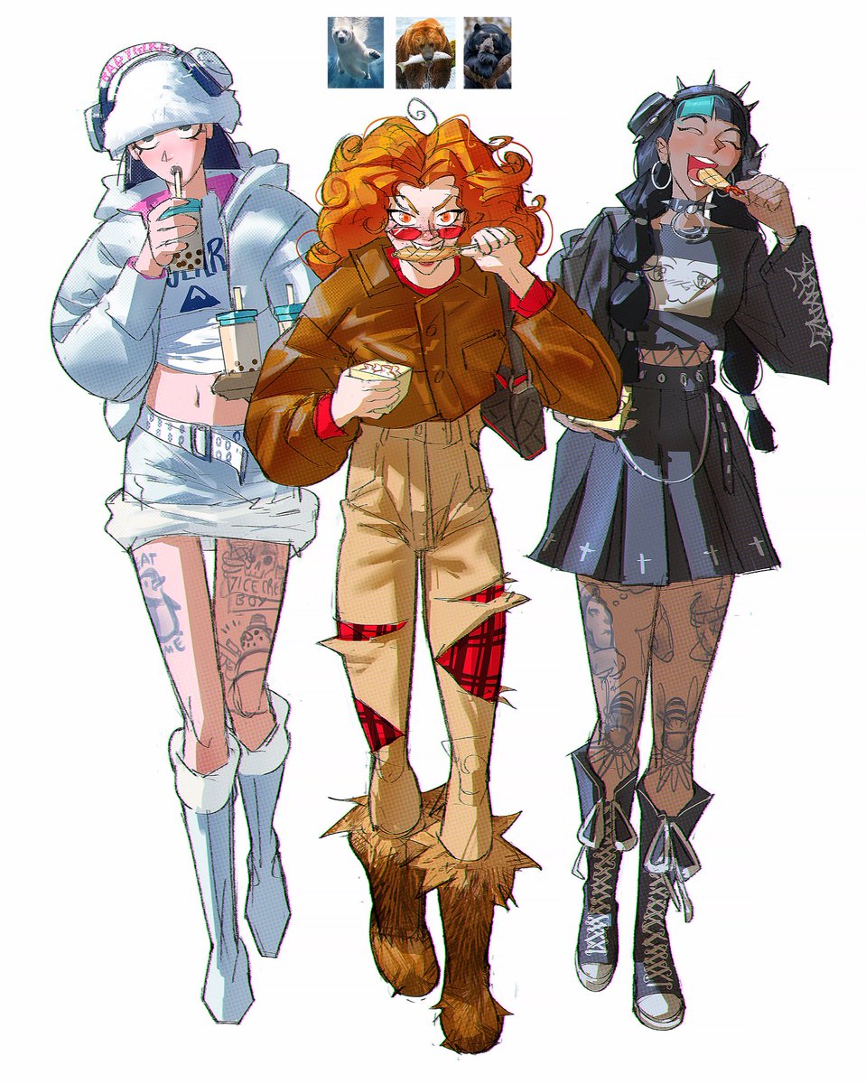 multiple girls 3girls boots bubble tea jacket skirt white background  illustration images