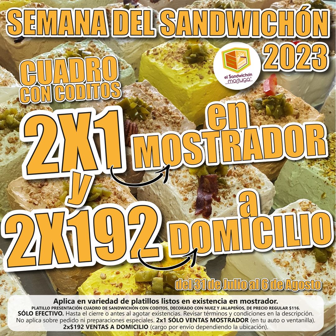 🧡SEMANA DEL SANDWICHÓN 2023 #CdVictoria 
2x1: Te esperamos en el 10 y 11 Aldama, contamos con atención en ventanilla peatonal o servicio express en tu auto.
2x$192: Pide con servicio a domicilio (a toda la ciudad)