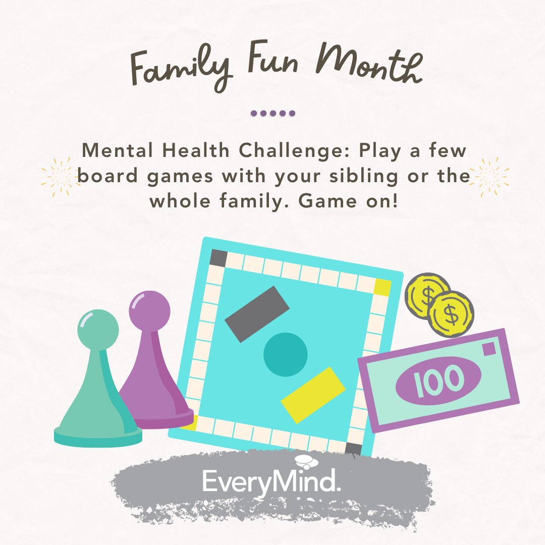 EveryMindInc's tweet image. According to the Society of Behavioral Medicine, “Research has found that making time to play games together supports more effective, open family communication and a greater sense of togetherness.”

#FamilyFun #FamilyFunMonth #FamilyHealth #Communication #YouthMentalHealth