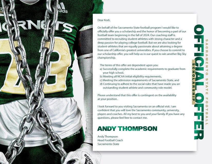 God is great!!! After a great talk with <a href="/CoachAJCoop/">Coach Coop</a> and <a href="/CoachKPaulson/">Kraig Paulson</a> I am thankful, and blessed to receive an offer from <a href="/SacHornetsFB/">Sac State Football</a>!!! <a href="/BrandonHuffman/">Brandon Huffman</a> <a href="/PGregorian/">Paul Gregorian</a> <a href="/westcoastpreps_/">West Coast Preps</a> <a href="/JasonSlowey/">Jason Slowey</a> <a href="/kennethfitz3/">Kenneth Fitzgerald</a> <a href="/Casa_Football/">Casa Grande Football</a>