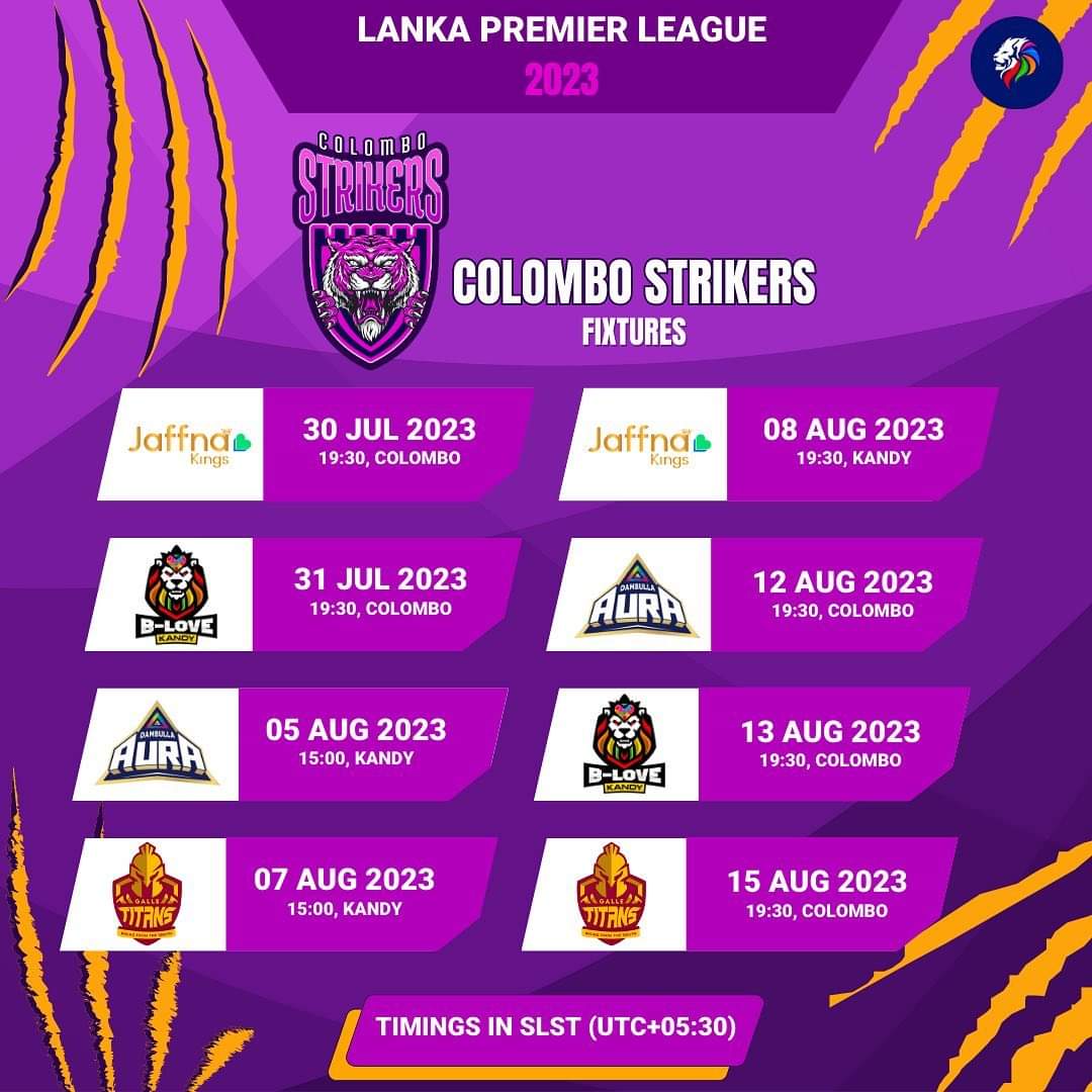 colombolpl's tweet photo. Strikers fam, don't forget the dates 🗓️🏏

#TheBasnahiraBoys
#HouseOfTigers #ColomboStrikers #LPL2023 #StrikeToConquer #BabarAzam #NaseemShah #ChamikaKarunaratne #MatheeshaPathirana #NiroshanDickwella https://t.co/sXuYJaBmWc