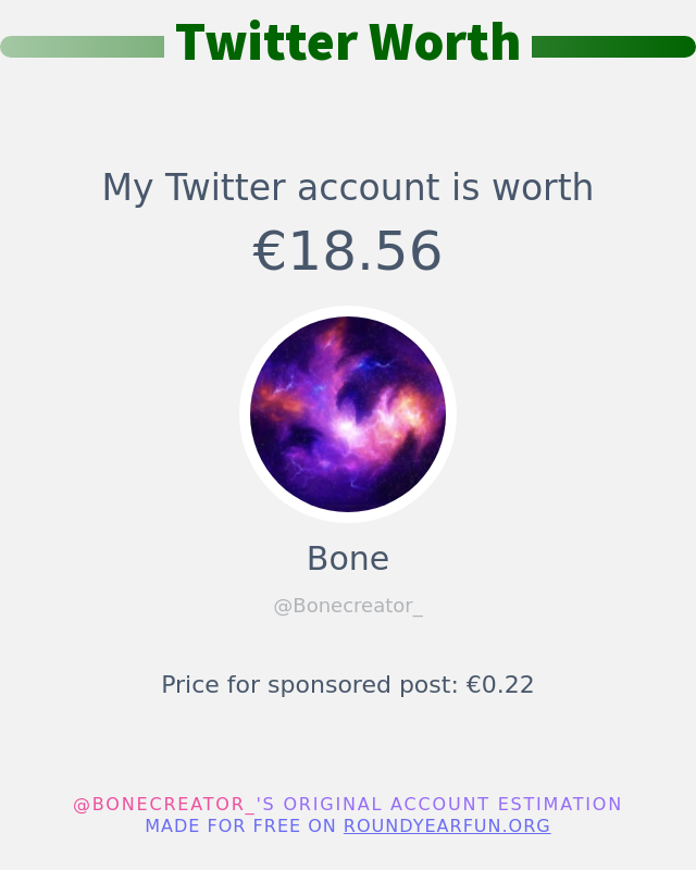 Bonecreator_'s tweet photo. Mein Twitter-Wert ist: €18.56

➡️ https://t.co/hsLDJ9pl6a https://t.co/InLvsYUVLL