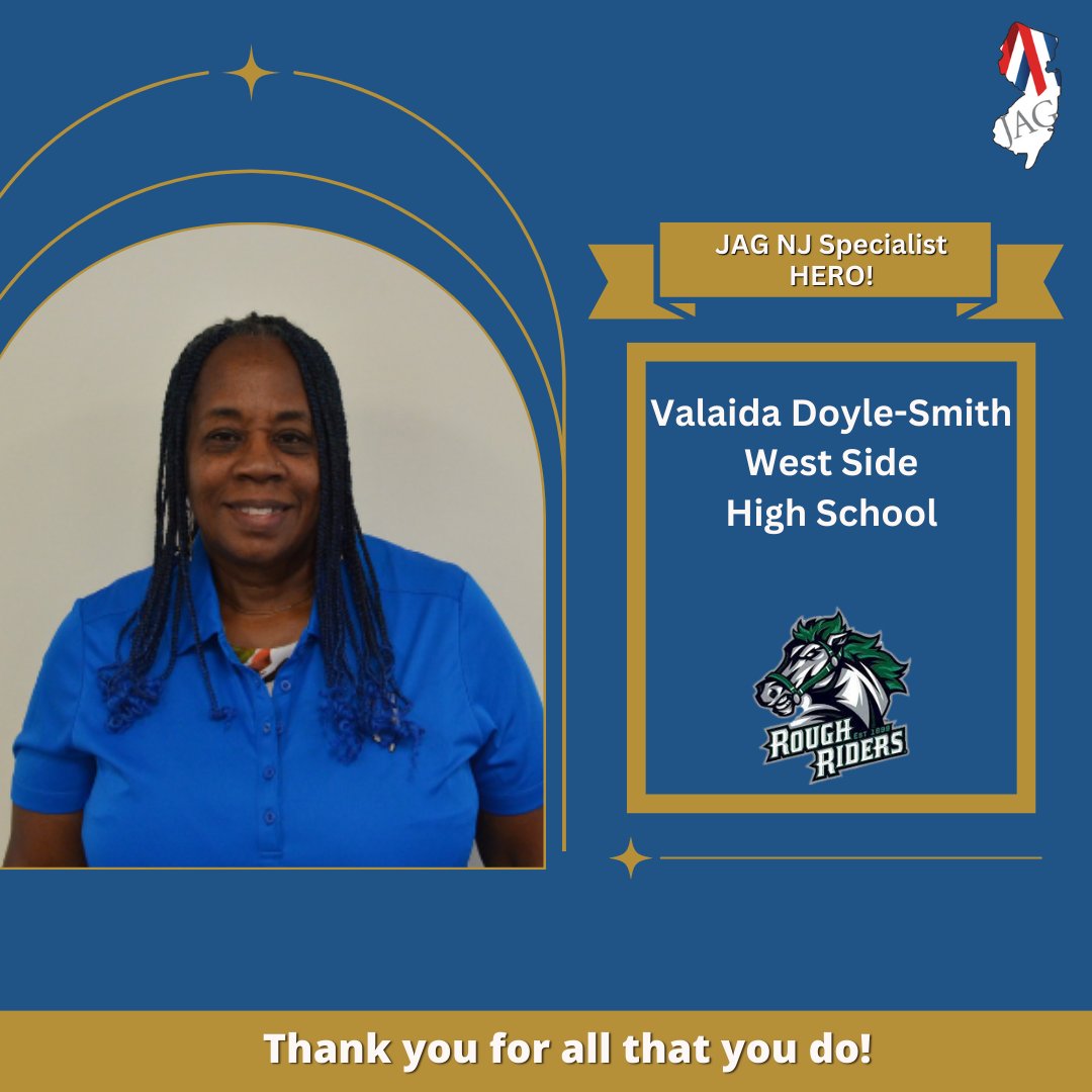 JagNewjersey's tweet photo. Let's celebrate our heroes in the classroom! Sending a special thank you to Valaida Doyle-Smith, JAG Specialist for West Side High School!
#JAGNJStrong #JAGNJ #JAGFam #JAG #JAGNational #NJ #NewJersey #JAGadvantage #JAGIsEssential #TogetherWeRise #careerready #heroesintheclassroom https://t.co/sRKtF5WL0t