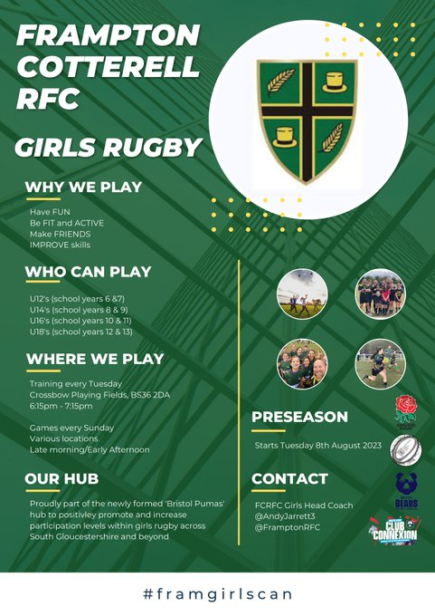 A WEEK TODAY... #girlsrugby training @FramptonRFC part of new #Bristol #Pumas hub More info? contact #Frampton girls rugby head coach @AndyJarrett3