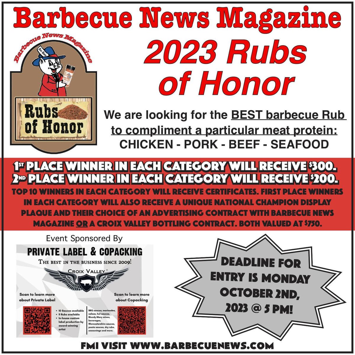 BBQNewsMagazine's tweet photo. π The 2023 Rubs of Honor Contest is here! Whether you're a seasoned pro or a passionate enthusiast, this is your chance to showcase your brilliance and leave an everlasting mark on the world.
FMI visit: https://t.co/sXvViNGaHg
Event Sponsored By: @CroixValley
#RubsOfHonor https://t.co/sY1qA8Mg5p
