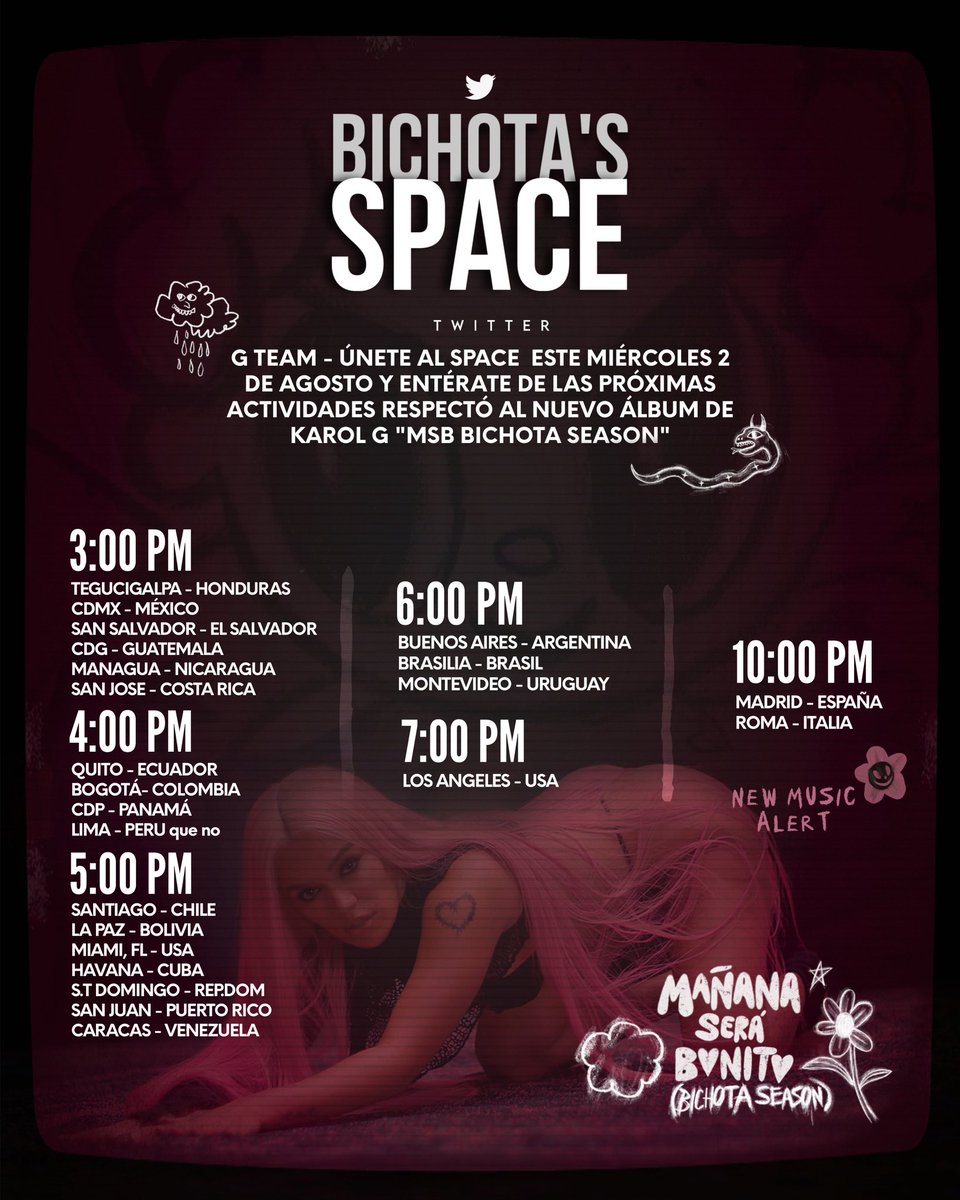 Atención a todos los fans de Karol G,Gteam.

-Space en Twitter con el fin de hablar sobre el proyecto MAÑANA SERÁ BONITO (BICHOTA SEASON). 🩷🖤✨️🦈

La información y horarios todo aquí.👇🏼
