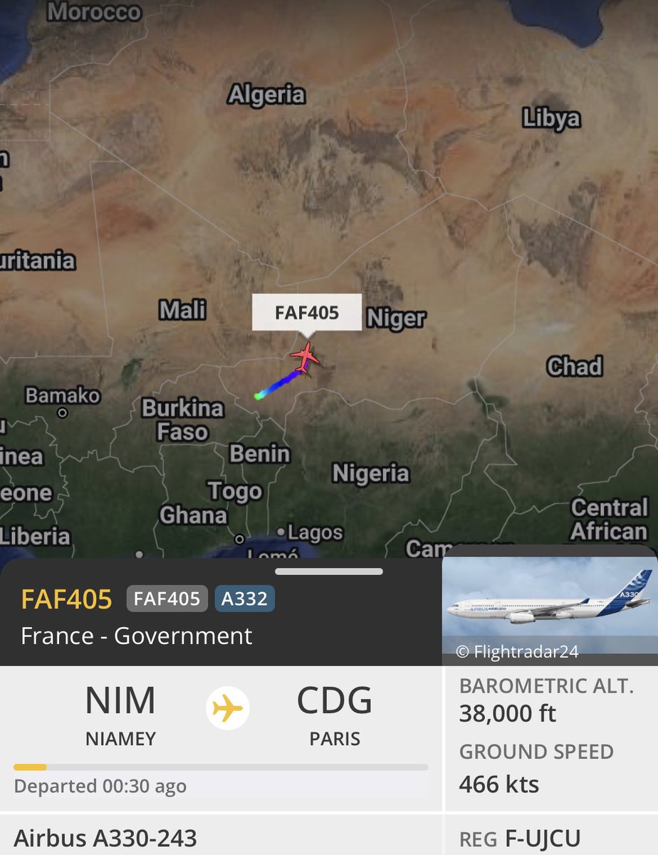 CH_LEBAD's tweet photo. ๐ด๐ด. Rapatriement (1er vol)
๐ 01/08. ๐. 19:20. ๐ณ๐ช Niamey
๐. #DRRN NIM
๐ซ F-UJCU. #FAF405 Airbus A330-243
Gouvernement Franรงais ๐ซ๐ท
Niamey ๐ณ๐ช. โก๏ธ. CDG ๐ซ๐ท https://t.co/CQZW0vzGna