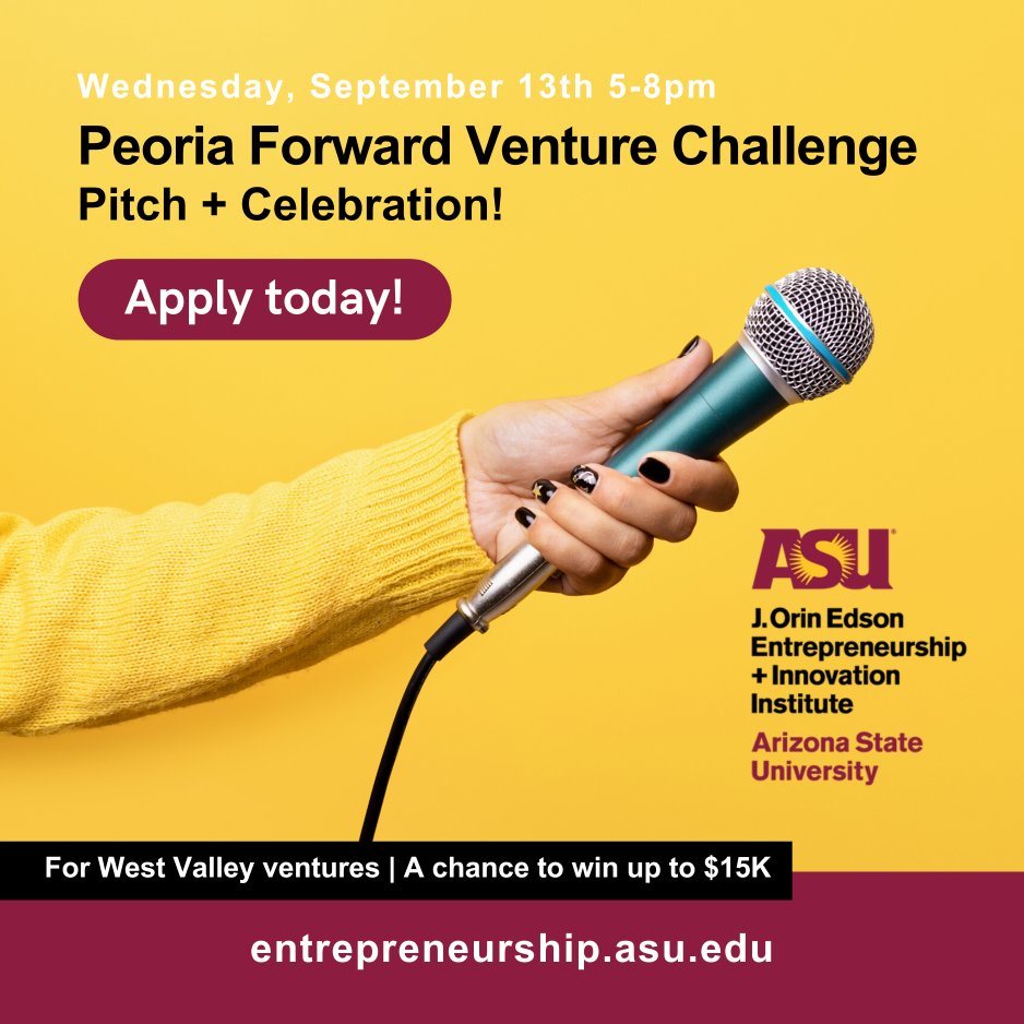 EntrepreneurASU's tweet photo. Calling all West Valley innovators! Apply now for the Peoria Forward Venture Challenge for a chance to win up to $15k, powered by Peoria Forward - a strategic partnership between Edson E+I and @PeoriaAZ. 

Link: https://t.co/1vO9WQGH4S

#Entrepreneurship #PeoriaForward #ASU https://t.co/CgmBEr2YUT