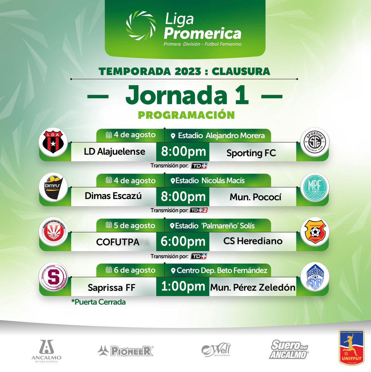 ¡Inicia el Campeonato Nacional! 🤩⚽

🆚 Programación de encuentros jornada #1 del torneo de apertura 2023.

🗣️ Este viernes inicia el apertura 2023, 3 de los 4 juegos tendrán transmisión por TD Más

📷 UNIFFUT