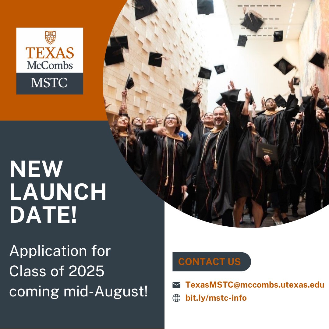 The MSTC #Classof2025 application will now be launching mid-August. 🗓️

In the meantime, attend an event to learn about admissions, curriculum, and career outcomes at Texas McCombs. Learn more: bit.ly/mstc-info