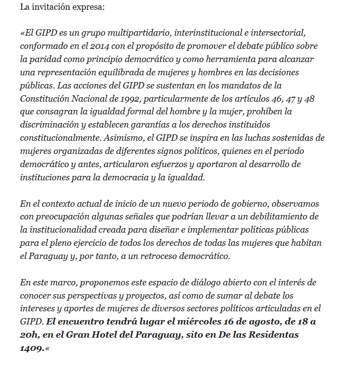 paridadpy's tweet photo. Se cursó invitación por mesa de entrada a las 29 parlamentarias. El encuentro tendrá lugar el miércoles 16 de agosto, de 18 a 20 horas, en el Gran Hotel del Paraguay, en Asunción. https://t.co/BTgQKylODy