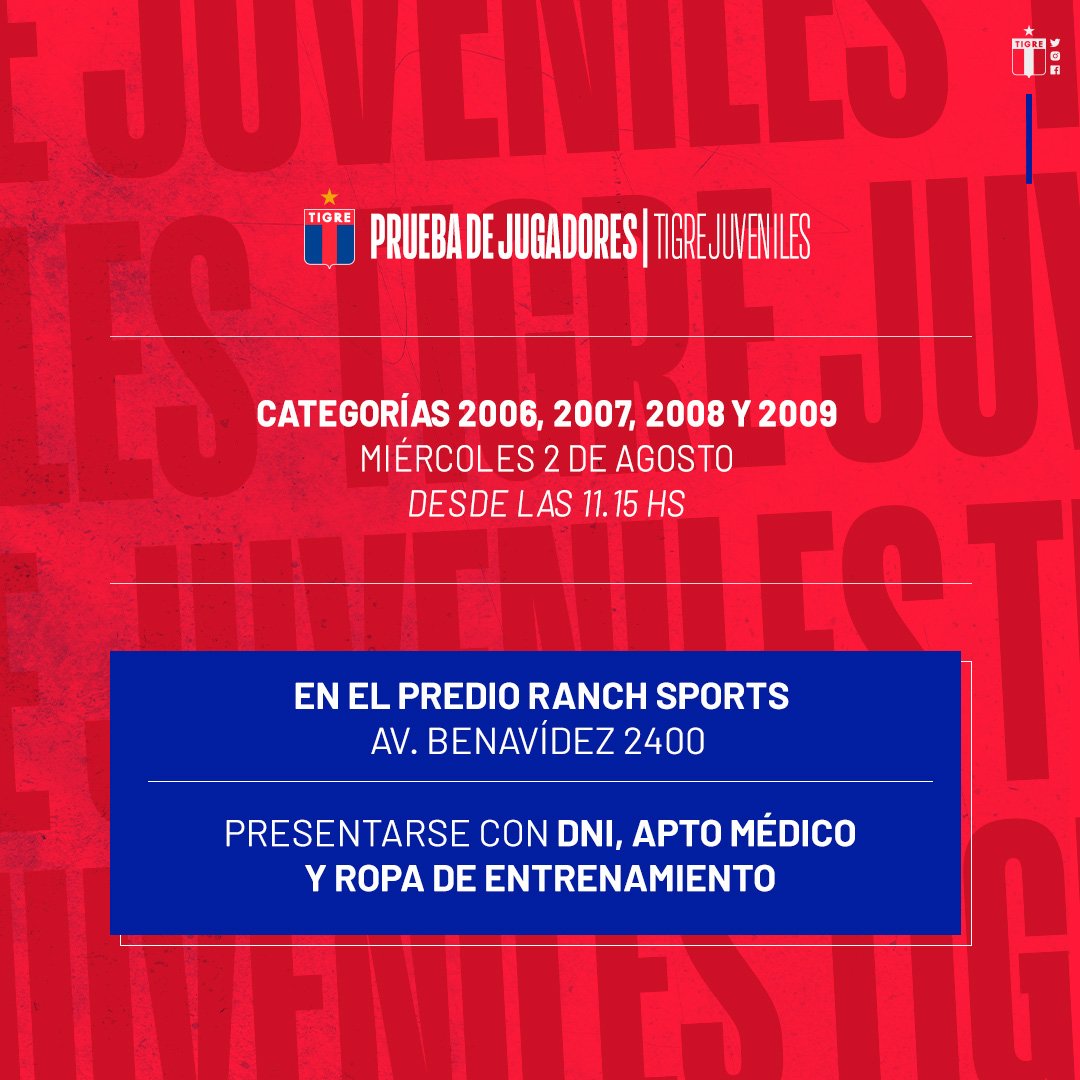 TigreJuveniles's tweet photo. ⚠ ¡Siguen las pruebas! 

🗓 Este miércoles 2 de agosto, continuaremos con las pruebas de Juveniles en Ranch Sports, Benavídez.

👉 Es necesario concurrir con DNI, apto médico y ropa de entrenamiento (No puede ser de otros clubes de Argentina).

#VamosLosPibes🔵🔴 https://t.co/3XaEWDBnzp