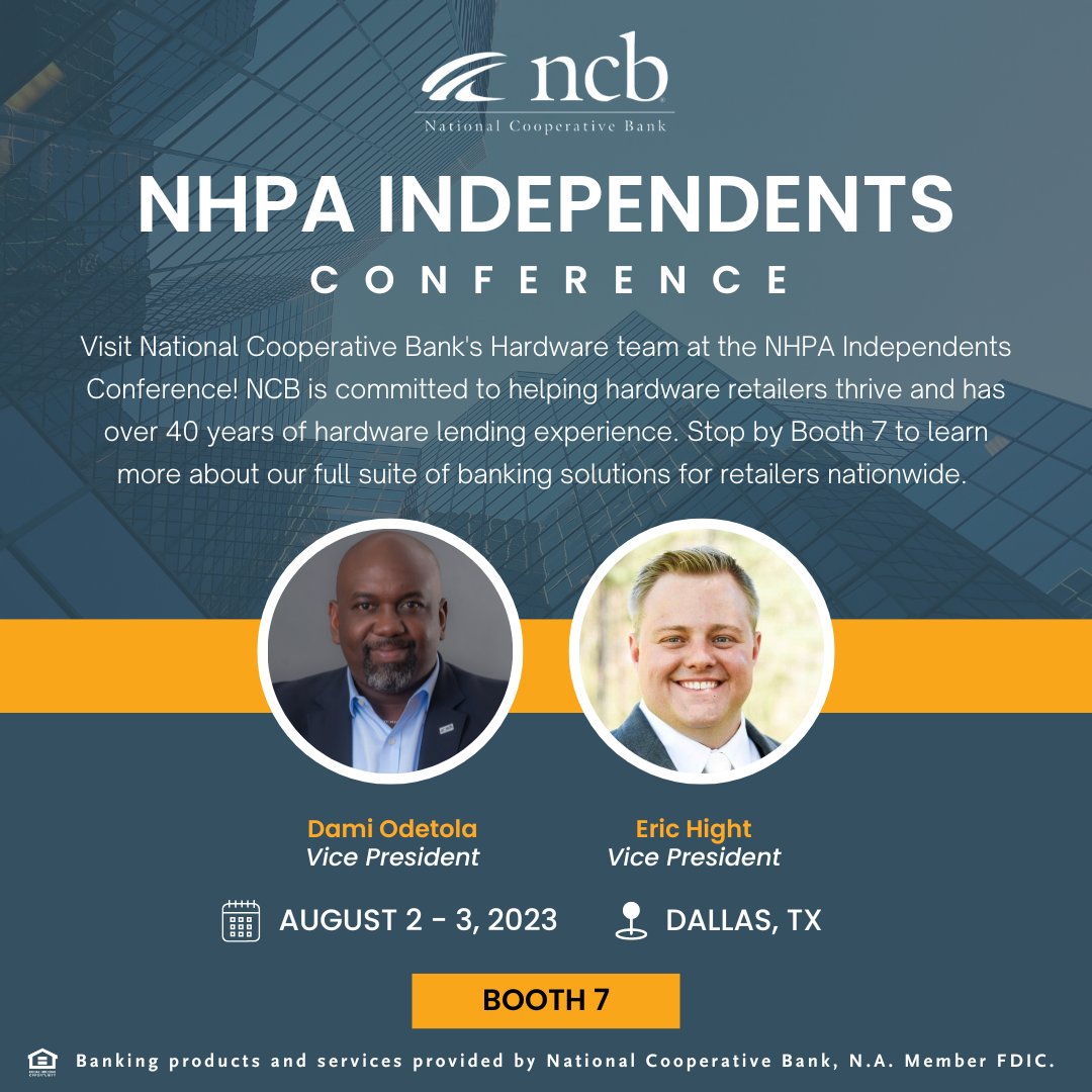 Visit NCB's Hardware team at the <a href="/Your_Nhpa/">NHPA</a> Independents Conference! NCB is committed to helping hardware retailers thrive and has over 40 years of hardware lending experience. Stop by Booth 7 to learn more about our full suite of banking solutions for retailers nationwide.