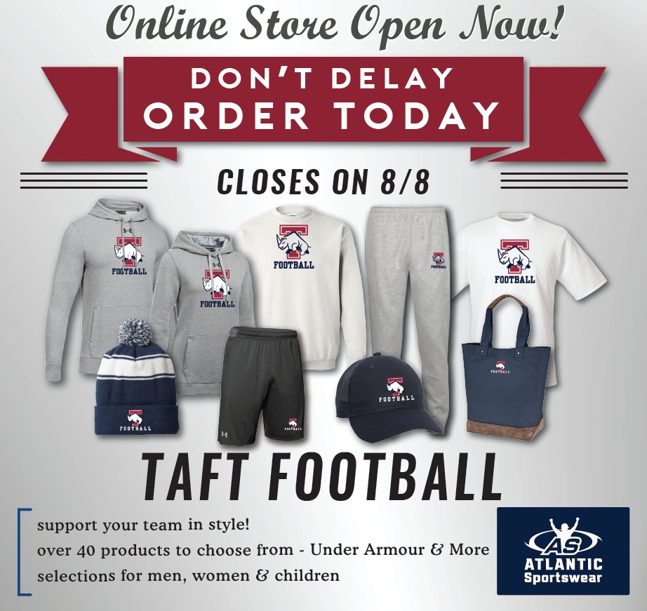 TaftFootballCT's tweet photo. The season is approaching fast! Our online store is open! Get your π¦ gear here:
https://t.co/HuoQGUzILG
#gorhinos #gobigred #nonutsibi @TaftRhinos https://t.co/SxxjBXZ9jh