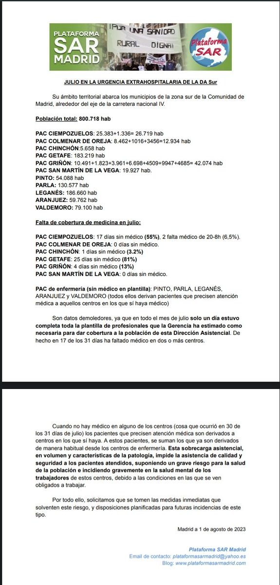 PlatSAR_SUAP's tweet photo. El mes de julio en la urgencia extrahospitalaria de la Dirección Asistencial Sur: un peligro para pacientes y profesionales.
@La_SER @OndaCero_es @el_pais_madrid @ElSaltoDiario @abc_es @publico_es @COPE  @amytsmedicos  @matsmadrid @CCOOSanidadMad @ugt_madrid_sani @SummAT112 https://t.co/PQuFW00ONi