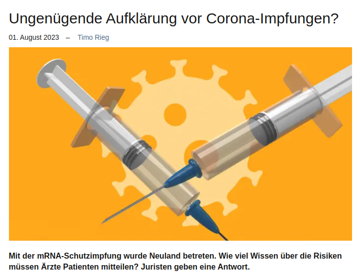 BBarucker's tweet photo. Über die Unmöglichkeit wirksam zu einer Covid-19 Impfung einzuwilligen: "Schon diese grundsätzliche Aufklärungspflicht dürfte aufgrund der Zeitknappheit bei den großen Impfaktionen in vielen Fällen nicht erfolgt sein. Für nur bedingt zugelassene Arzneimittel gelten darüber hinaus höhere Anforderungen"

"Sofern das Risikopotential noch unklar sei, bleibe "faktisch nur der Hinweis auf unbekannte Risiken, um der Wahrheitspflicht des Aufklärenden nachzukommen", weshalb sich dieses "mit erhofften Nutzeffekten streng genommen nicht einmal abwägen" lasse."

"Wenn selbst die Zulassungsbehörde eine Arznei nicht hinreichend kenne, um eine abschließende Zulassungsentscheidung über sie zu treffen, könne ein Patient seine wohlüberlegte Entscheidung "nur in seltenen Fällen sofort rechtswirksam" treffen."

"Das Problem bei behandelnden Ärzten wie auch den Medien dürfte also gewesen sein, dass sie eine Sicherheit der Impfstoffe behauptet haben, die sie selbst gar nicht beurteilen konnten."

Hervorragende Arbeit von Timo Rieg: https://t.co/bLbLnOrgDi
