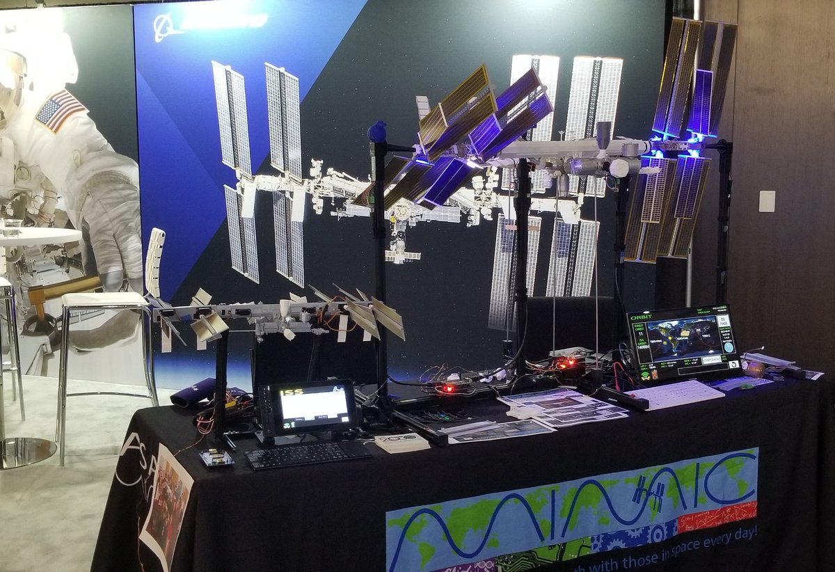 ISS_Mimic's tweet photo. ISS Mimic and mini Mimic are at #ISSRDC at the Boeing booth next to the NASA booth as you walk into the Columbia Room. #ISSmimic is a 1/100th scale articulating model that runs off live data from the real space station! #STEMbuild #OpenSource https://t.co/Fid2Sc0X80