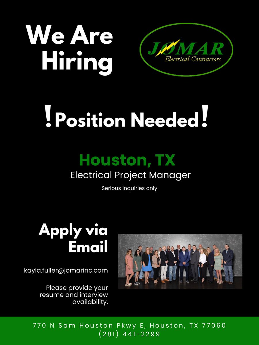 JomarElectrical's tweet photo. !! ATTENTION !!
Be apart of the Jomar team by contacting me via email: kayla.fuller@jomarinc.com
We are searching for an experienced Electrical Project Manager for our Houston division. If you or anyone you know may be interested, please email your resume to the email provided. https://t.co/55ce7ZX2DX