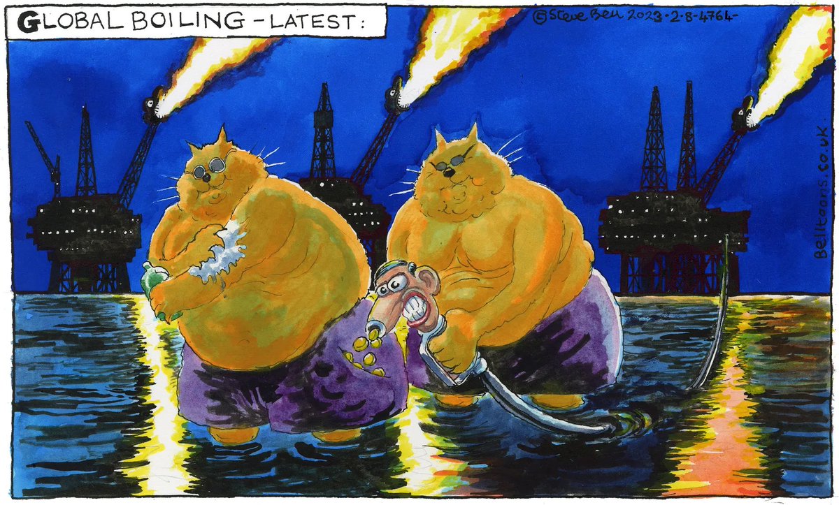 Steve Bell on #RishiSunak & his promise to ‘max out’ #NorthSeaoil #FossilFuels #NorthSeaDrilling #OilAndGas #ClimateCrisis #ClimateEmergency #Rosebank #GreenPolicies – political cartoon gallery in London original-political-cartoon.com
