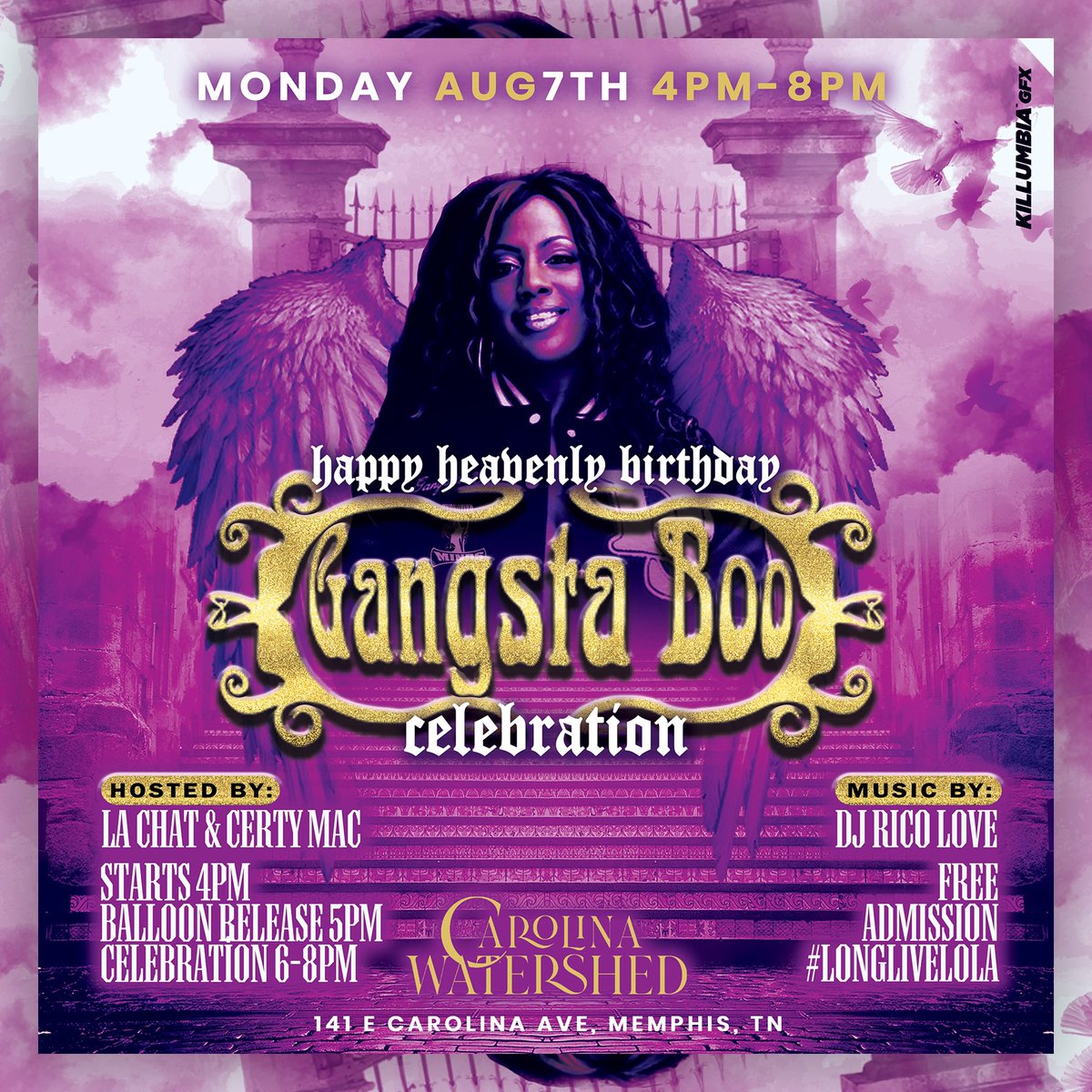 #NoSpeakers #NoPerformers Dis is not a funeral #StraitCelebration 🥳🥳🥳FreeEvent #CarolinaWaterShed 141 E Carolina Ave @GangstaBooQOM bday celebration graphics by @kingkillumbia graphics