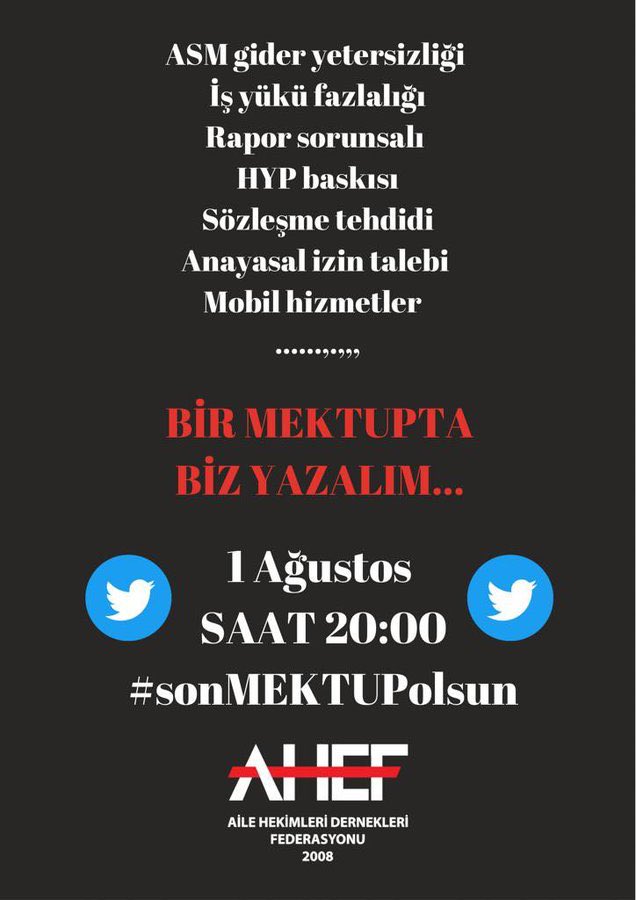 #sonMEKTUPolsun 
Sayın <a href="/drfahrettinkoca/">Dr. Fahrettin Koca</a> Bakanımız hem yüz yüze görüşelim diyor hem de bize randevu vermediğimiz için buradan yazıyoruz. En son Ankara’da da balonlarla haber göndermiştik. Bizim için Ankara’ya gelmekle yollar aşınmaz, yine gelir bu kez dumanla haber yollarız.