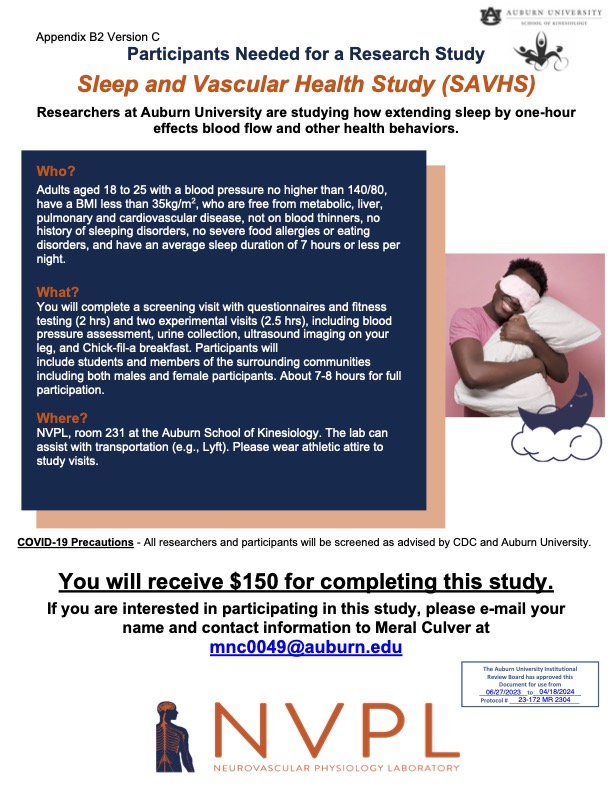 Auburn Kinesiology (@auburnkines) on Twitter photo Our Neurovascular Physiology Laboratory is recruiting participants for a sleep and vascular health study. Please share with anyone who may be interested or email mnc0049@auburn.edu for more information. Our Neurovascular Physiology Laboratory is recruiting participants for a sleep and vascular health study. Please share with anyone who may be interested or email mnc0049@auburn.edu for more information.