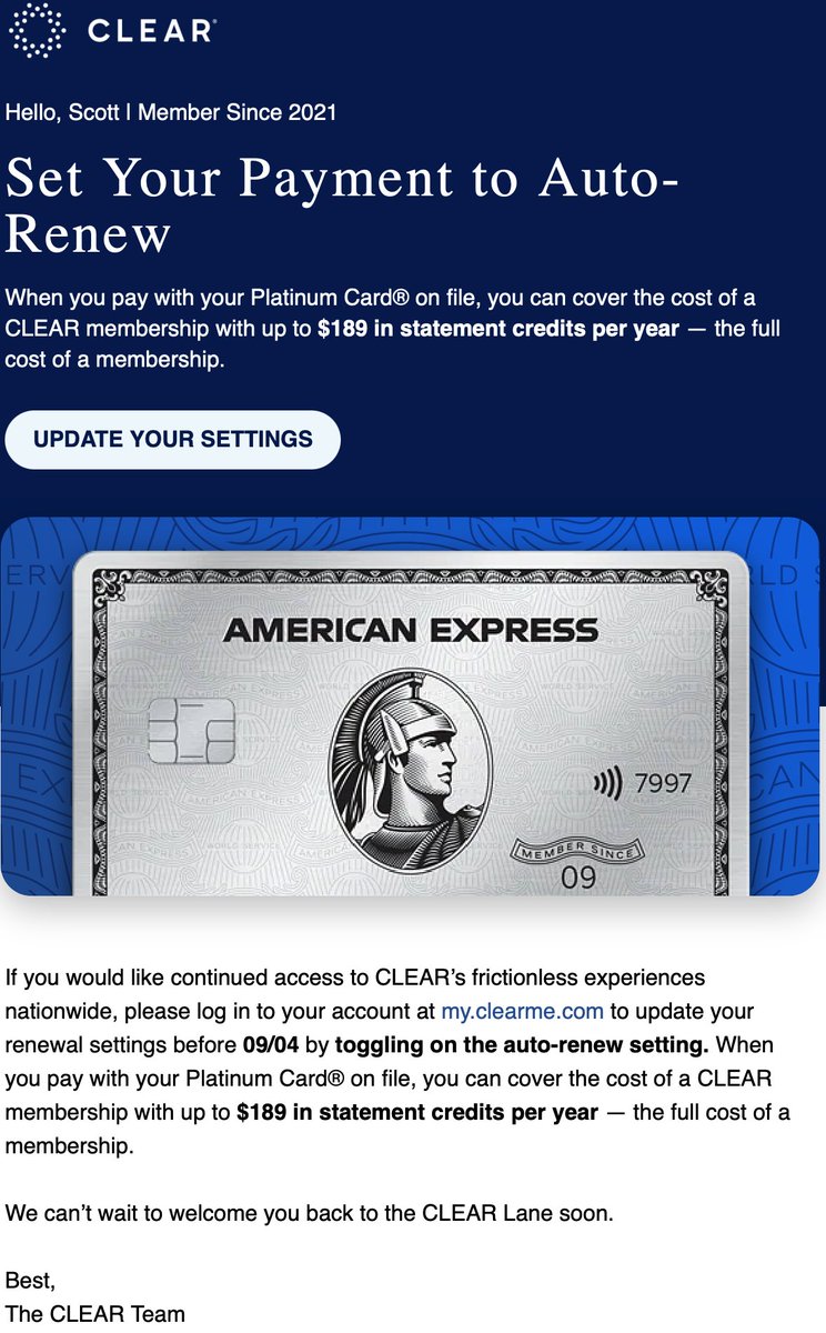 ScottChatley's tweet photo. @AmericanExpress Now that @Clear has been rendered entirely useless by the TSA (ID required, regardless of Clear, and also TSA doesn’t require boarding pass), I really hope you cancel this benefit and give cardholders some actually useful benefit instead. https://t.co/moCXXw9j8l